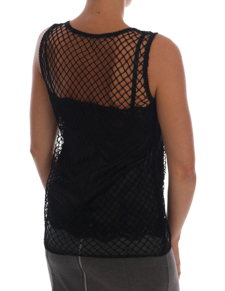 Dolce & Gabbana Black Silk Mesh Floral Lace Women's Top