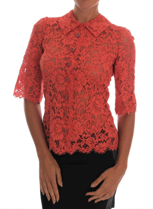 Dolce & Gabbana Orange Crystal Buttons Floral Lace Women's Blouse
