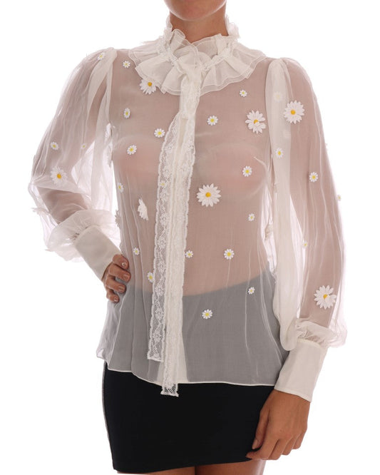 Dolce & Gabbana White Daisy Applique Silk Women's Shirt