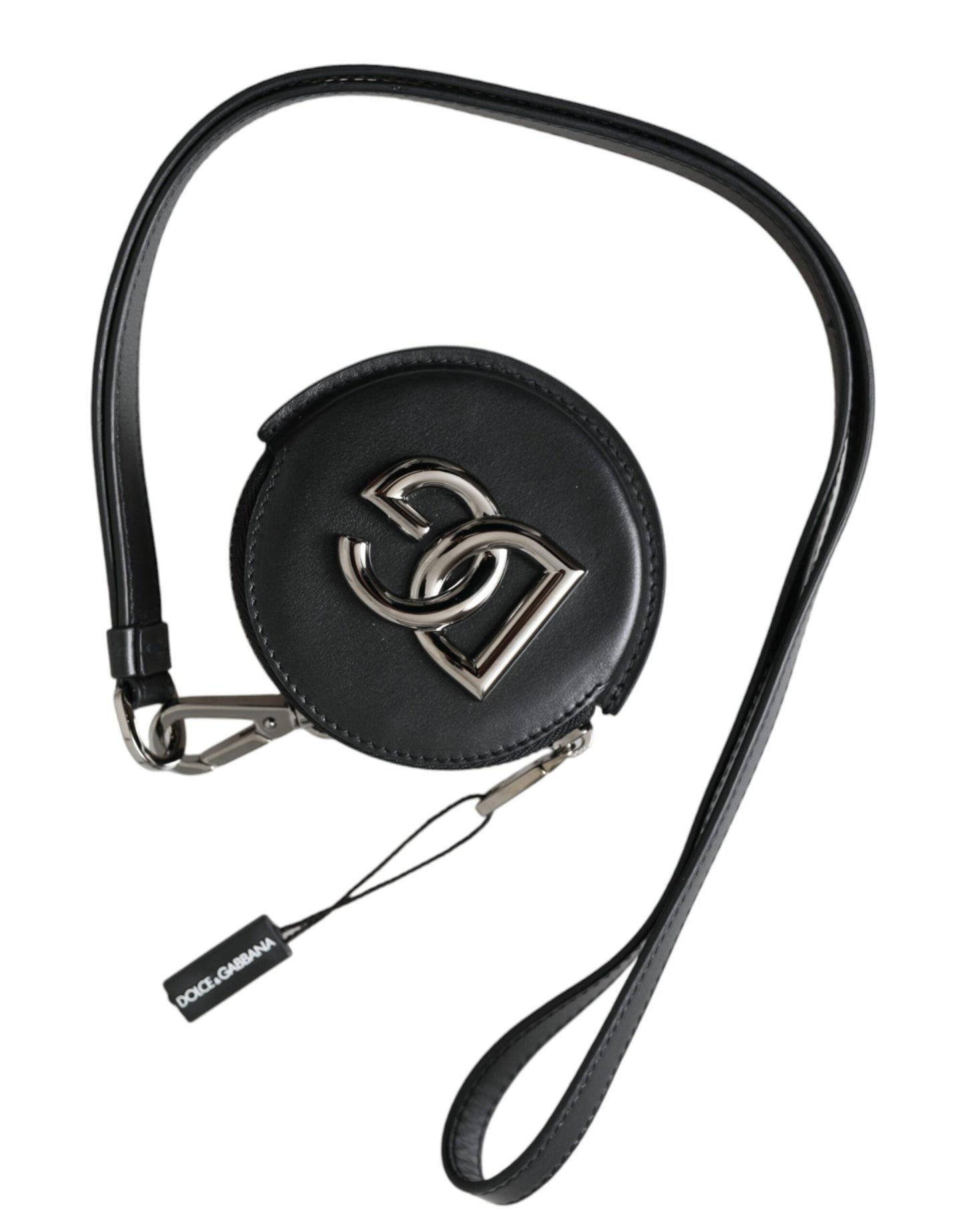 Dolce & Gabbana Black Round Leather DG Logo Coin Purse Lanyard Men's Wallet