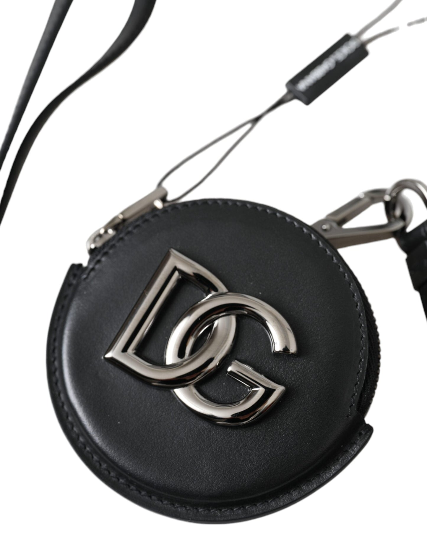 Dolce & Gabbana Black Round Leather DG Logo Coin Purse Lanyard Men's Wallet