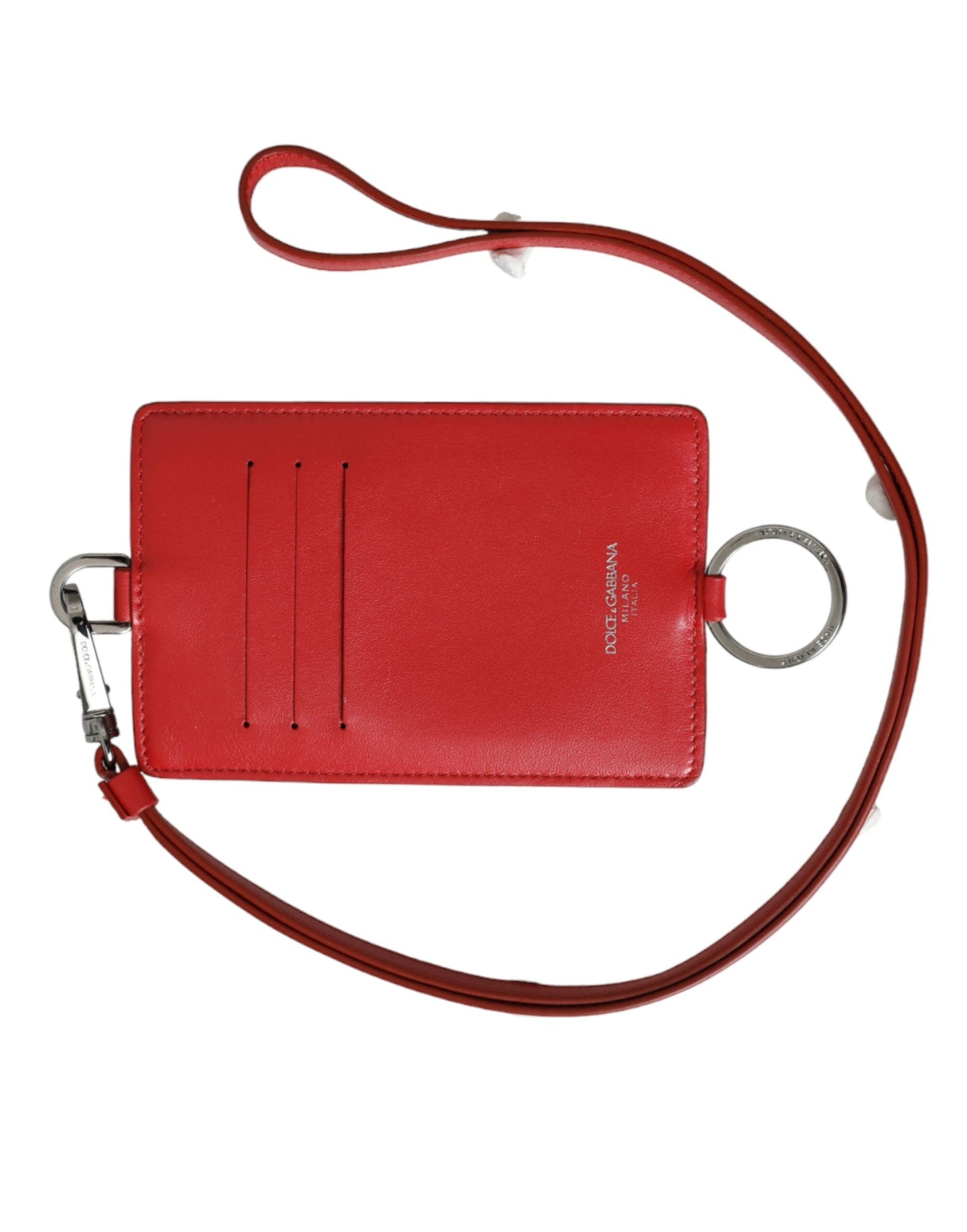 Dolce & Gabbana Red Calfskin Leather Lanyard Logo Card Holder Men's Wallet