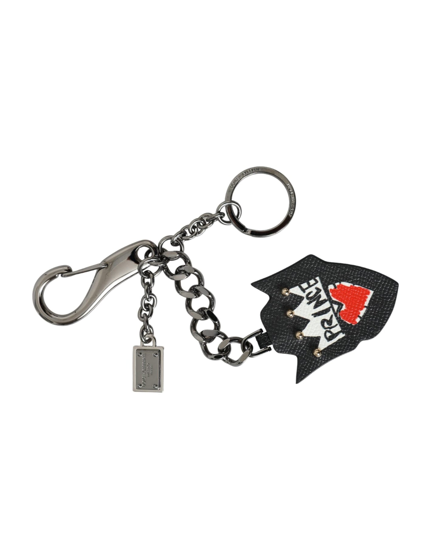 Dolce & Gabbana Black Prince Studs Logo Silver Brass Keychain Men's Keyring