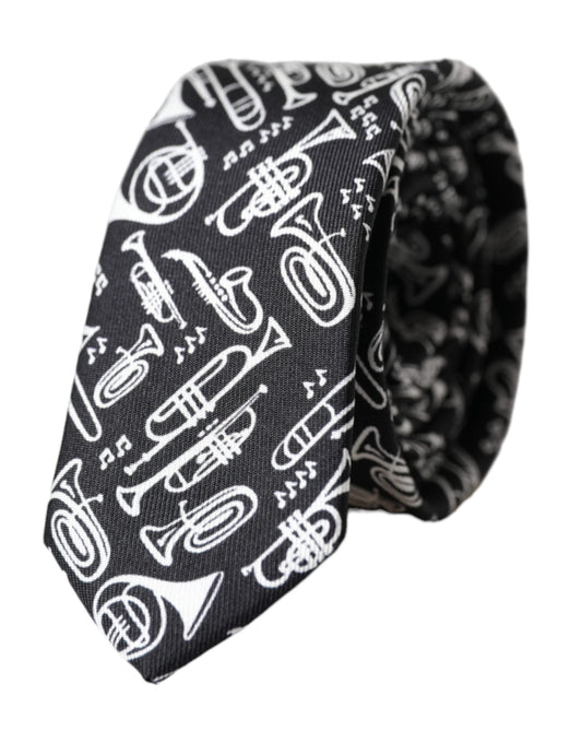 Dolce & Gabbana Black Trumpet Print Silk Adjustable Men's Tie