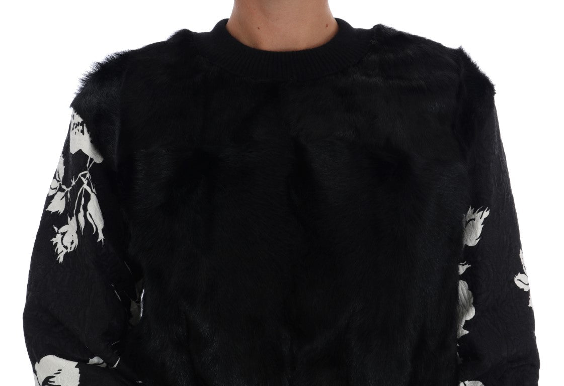 Dolce & Gabbana Black Fur Floral Brocade Zipper Women's Sweater
