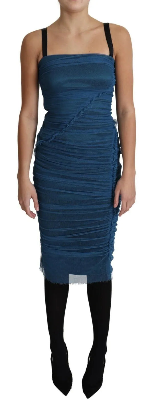Dolce & Gabbana Blue Draped Tulle Midi Sheath Cotton Women's Dress (Pre-Owned)