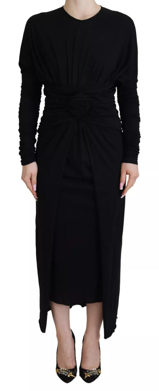 Dolce & Gabbana Black Sheath Midi Gown Wool Wrap Women's Dress (Pre-Owned)
