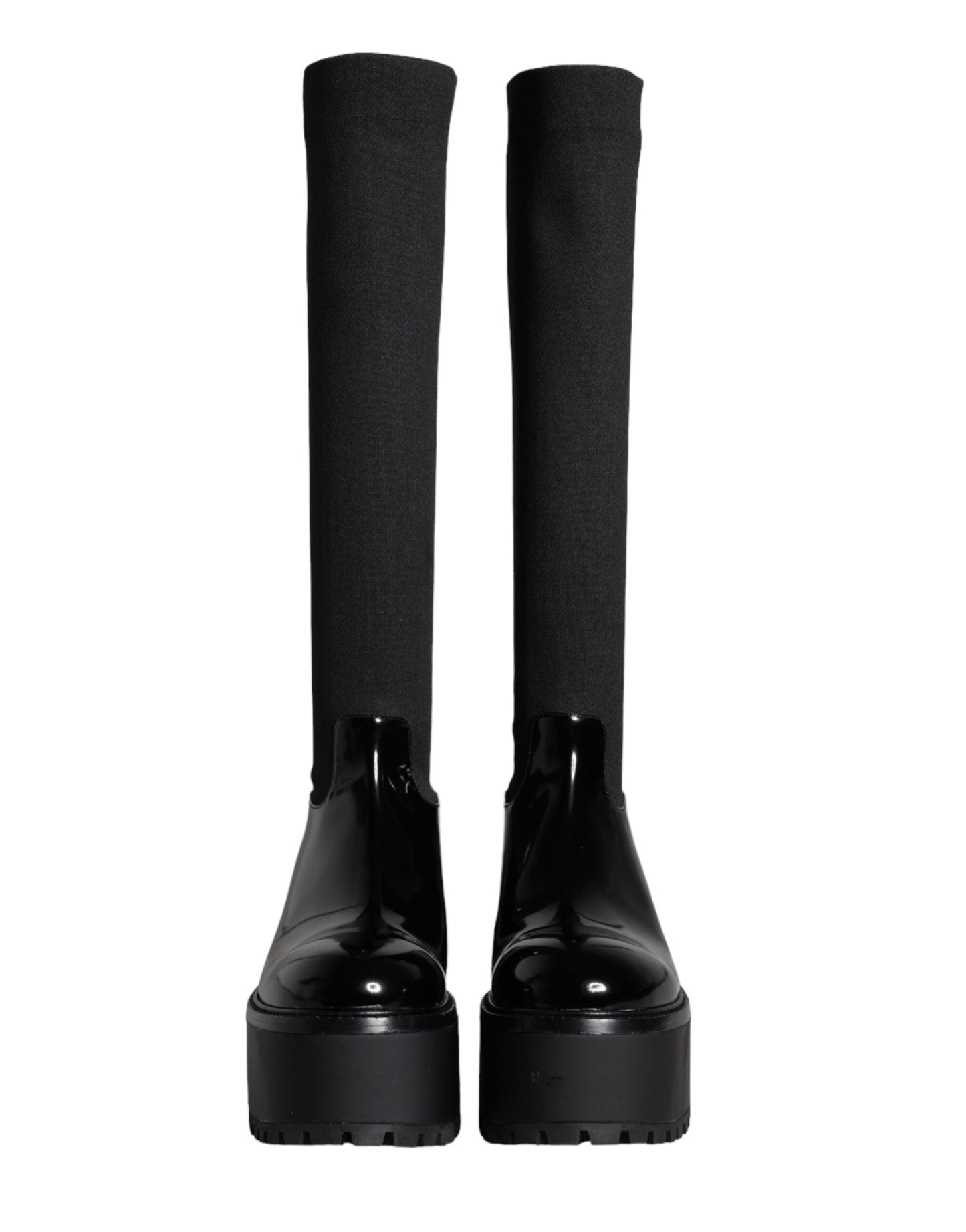Dolce & Gabbana Black Leather Jersey Knee High Boots Women's Shoes