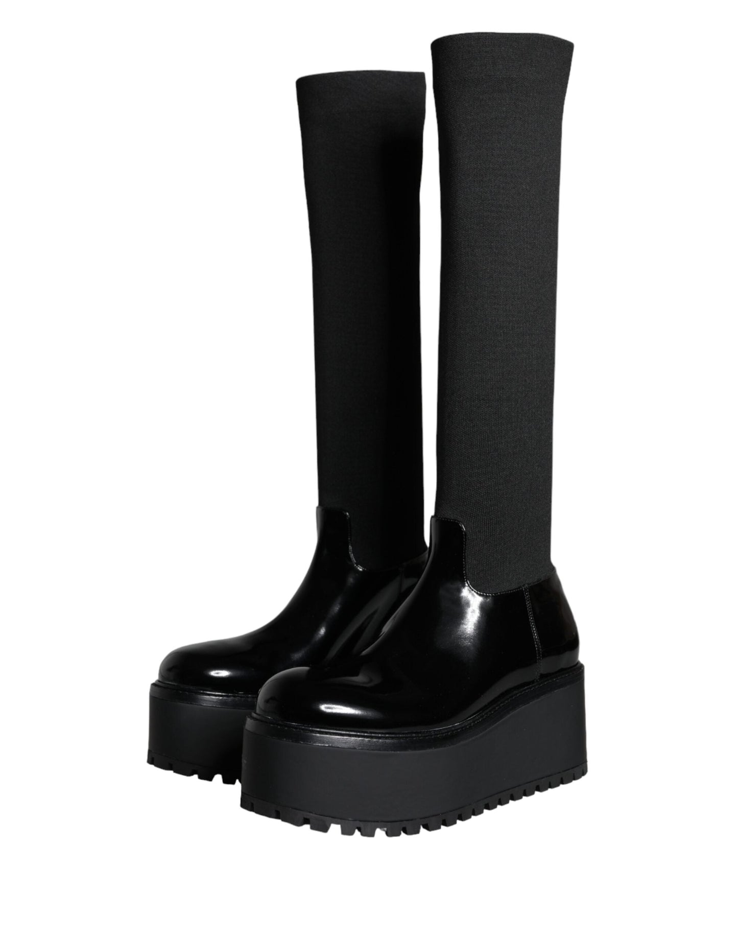 Dolce & Gabbana Black Leather Jersey Knee High Boots Women's Shoes