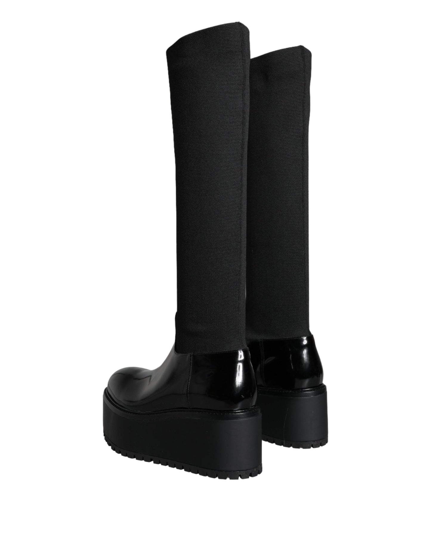 Dolce & Gabbana Black Leather Jersey Knee High Boots Women's Shoes