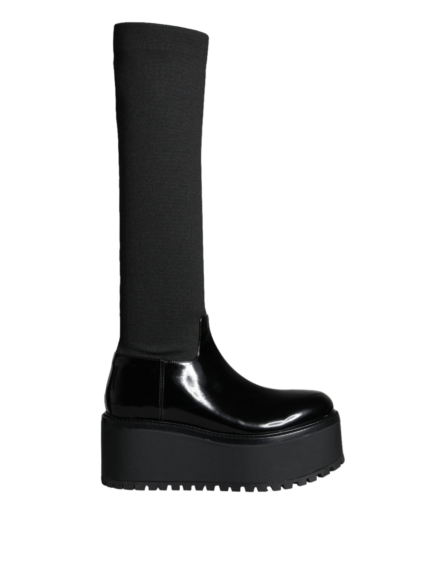 Dolce & Gabbana Black Leather Jersey Knee High Boots Women's Shoes