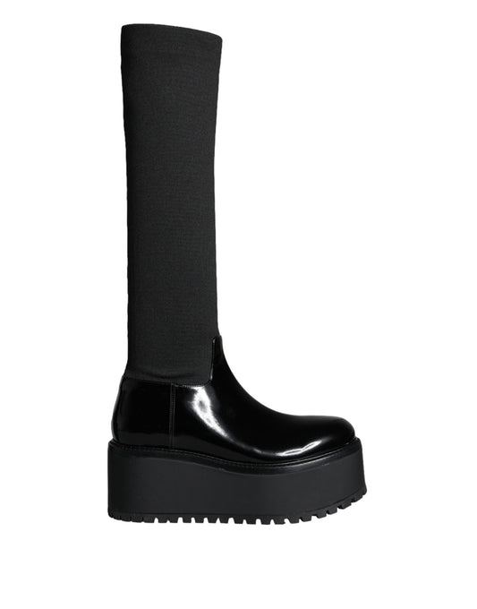 Dolce & Gabbana Black Leather Jersey Knee High Boots Women's Shoes