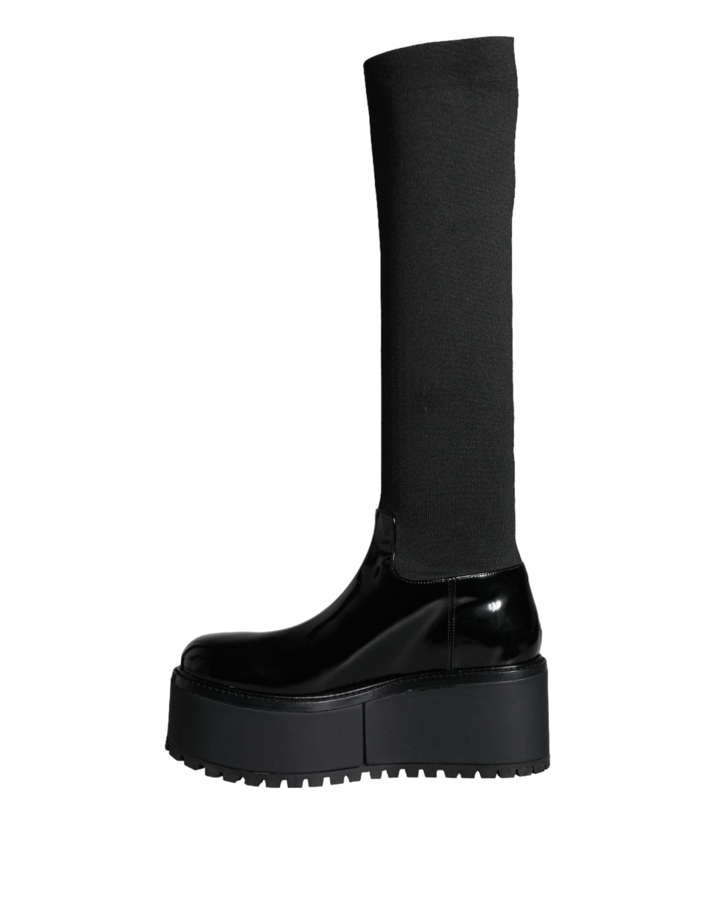 Dolce & Gabbana Black Leather Jersey Knee High Boots Women's Shoes