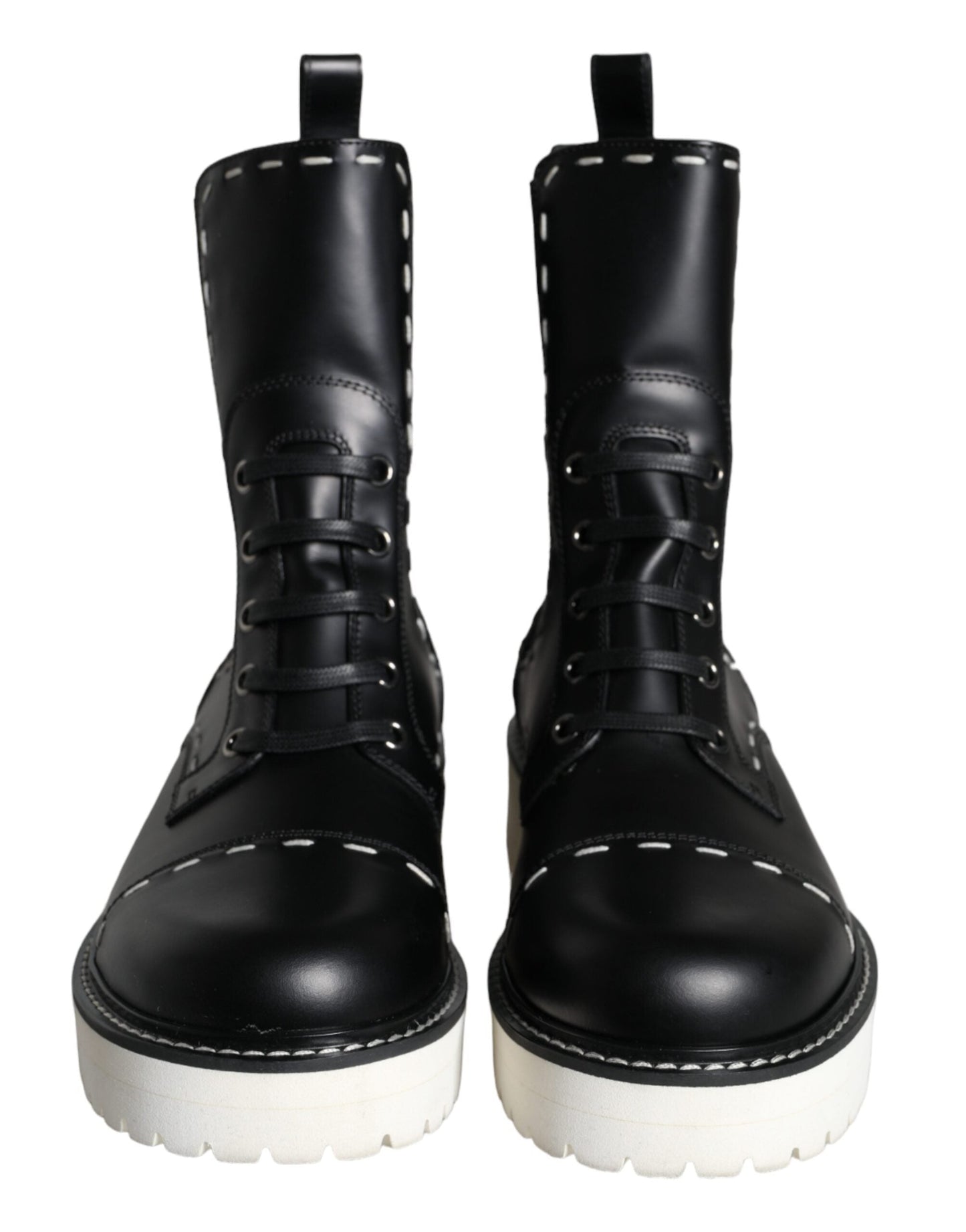 Dolce & Gabbana Black Leather Combat Mid Calf Boots Women's Shoes