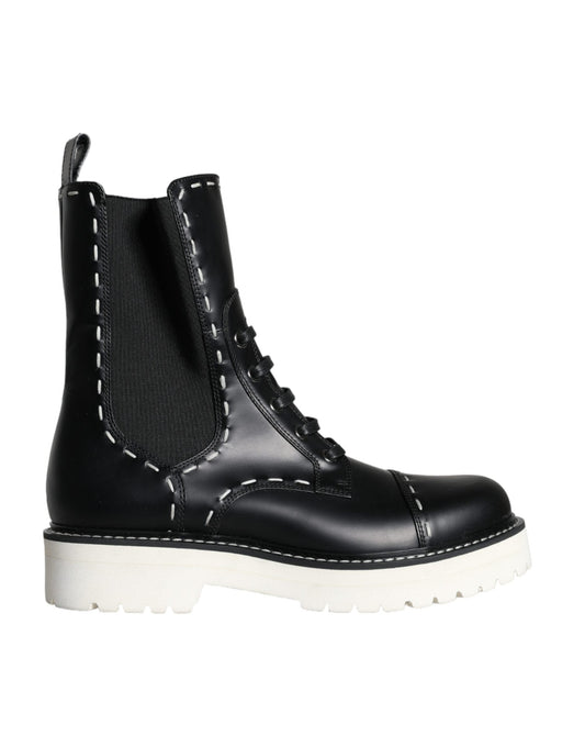 Dolce & Gabbana Black Leather Combat Mid Calf Boots Women's Shoes