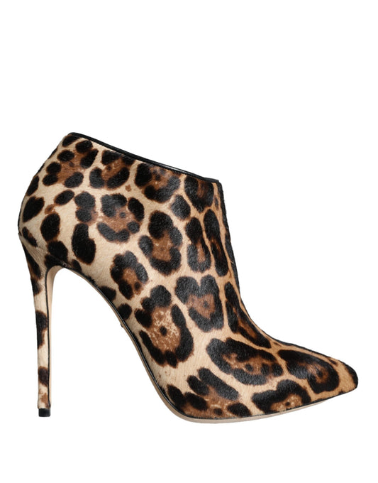 Dolce & Gabbana Brown Leopard Calf Fur Heels Ankle Boots Women's Shoes