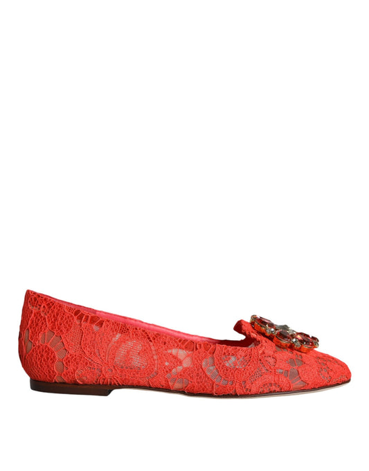 Dolce & Gabbana Coral Lace Crystal Ballet Flats Loafers Women's Shoes