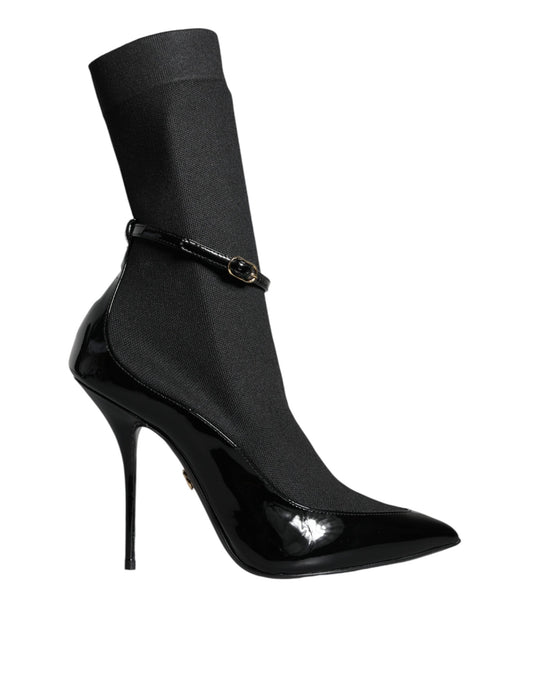Dolce & Gabbana Black Leather Stilettos Booties Socks Women's Shoes