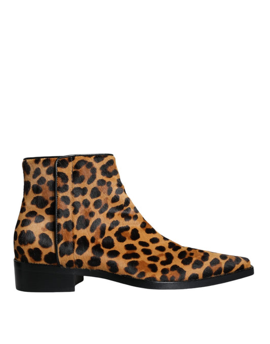 Dolce & Gabbana Brown Leopard Calf Fur Ankle Boots Women's Shoes