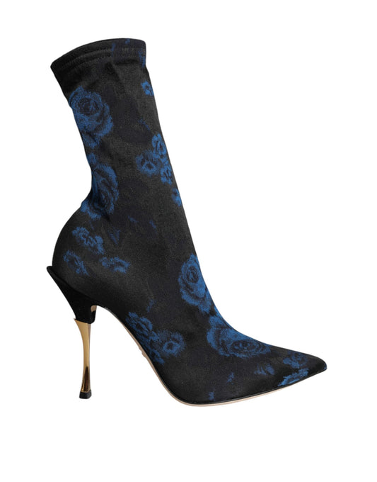 Dolce & Gabbana Black Floral Stretch Mid Calf Boots Women's Shoes