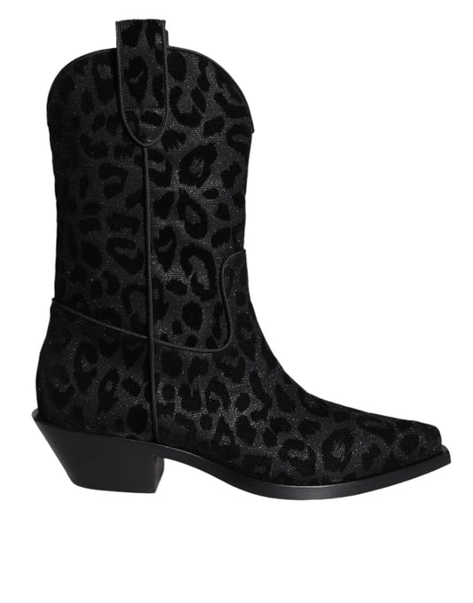 Dolce & Gabbana Black Gray Leopard Cowboy Boots Women's Shoes