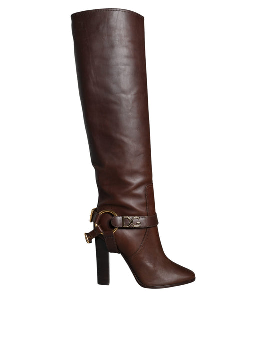 Dolce & Gabbana Brown Leather Gold Tone Logo High Boots Women's Shoes (Pre-Owned)