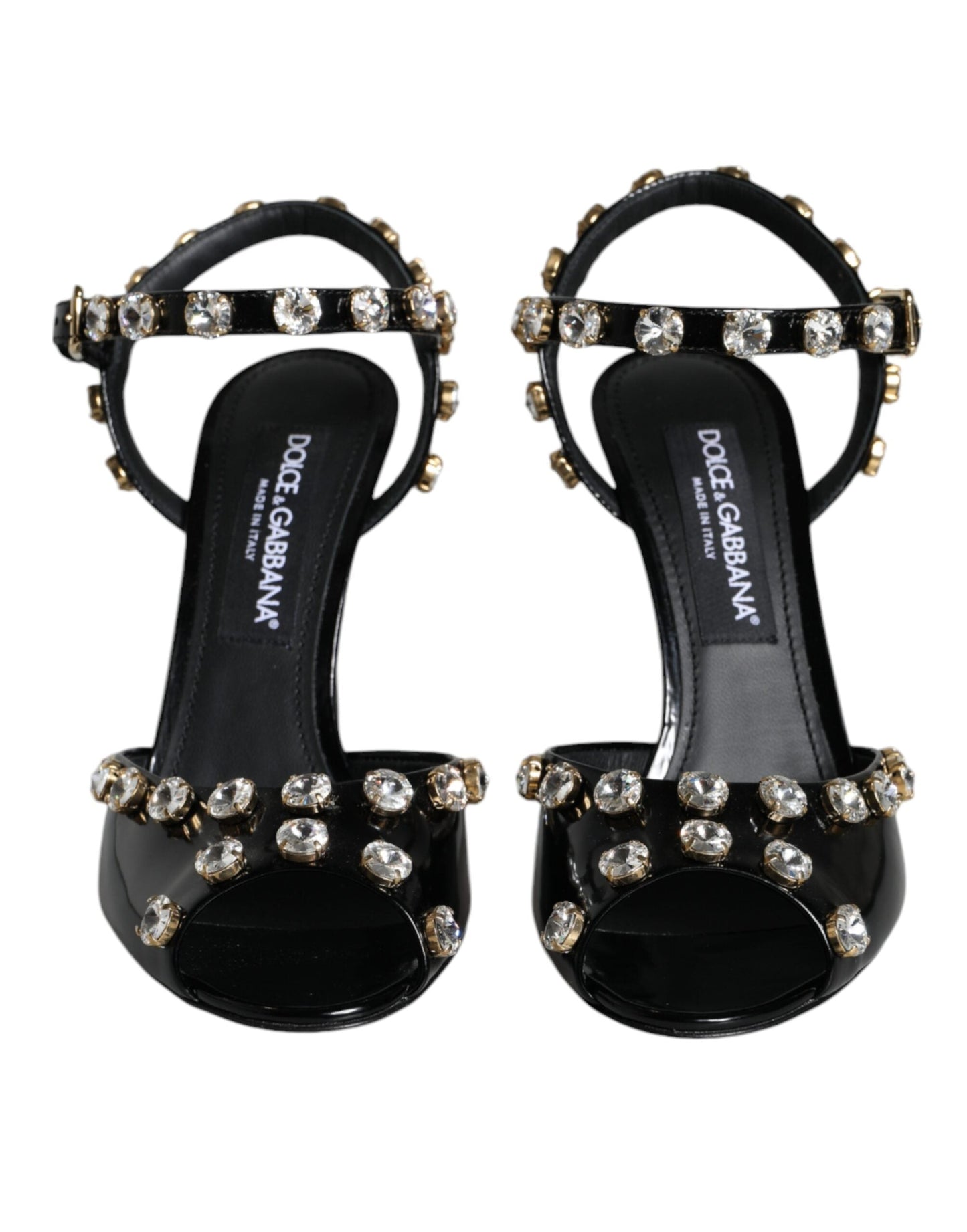 Dolce & Gabbana Black Leather Crystal Ankle Strap Sandals Women's Shoes