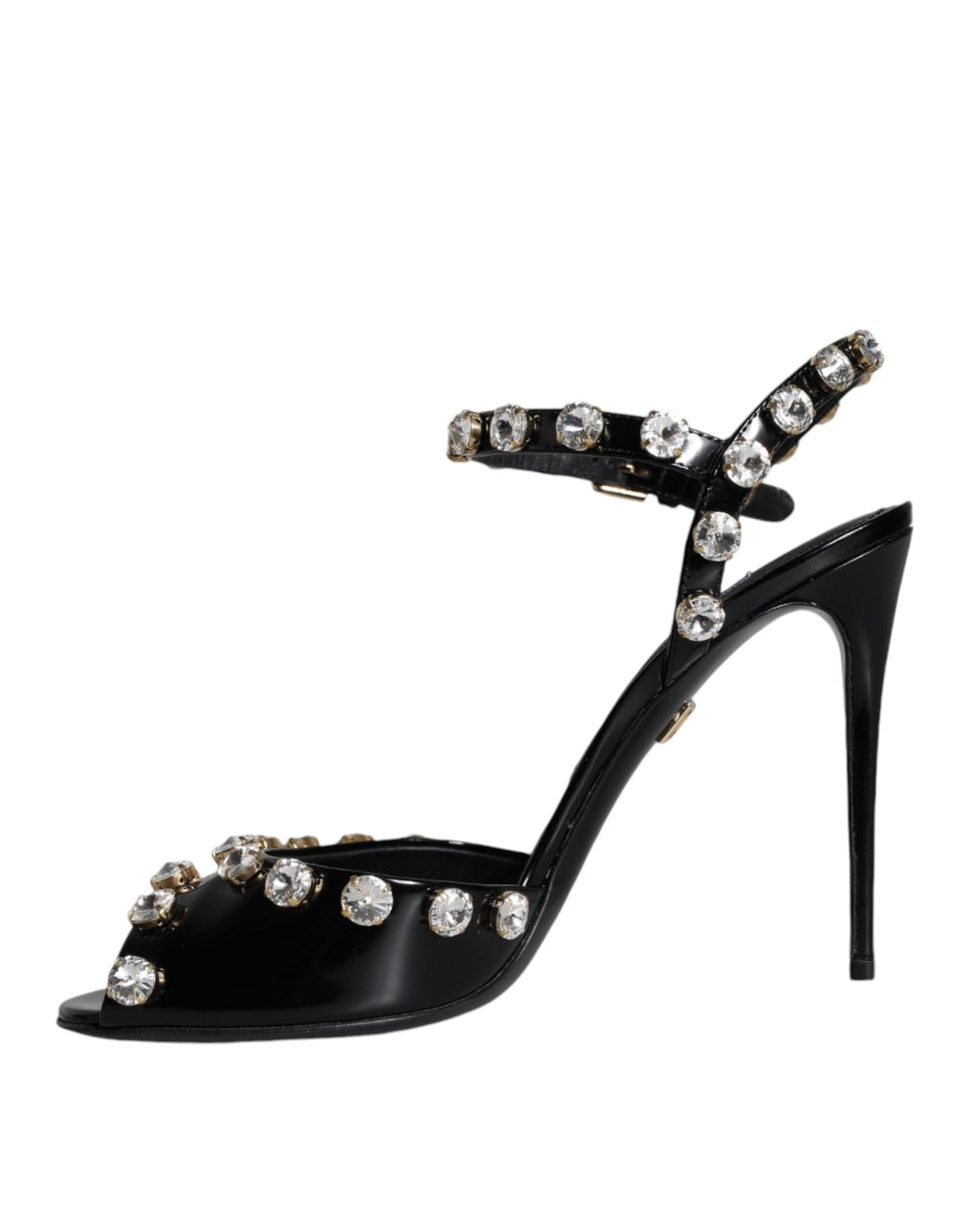 Dolce & Gabbana Black Leather Crystal Ankle Strap Sandals Women's Shoes