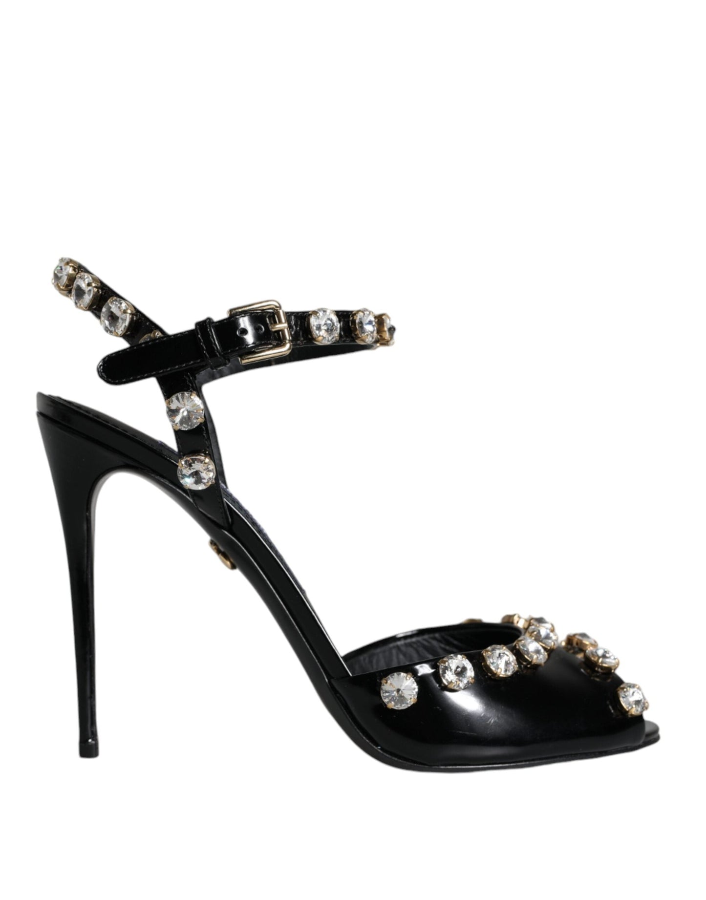 Dolce & Gabbana Black Leather Crystal Ankle Strap Sandals Women's Shoes