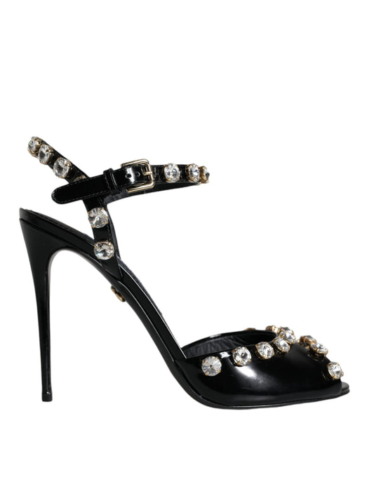 Dolce & Gabbana Black Leather Crystal Ankle Strap Sandals Women's Shoes