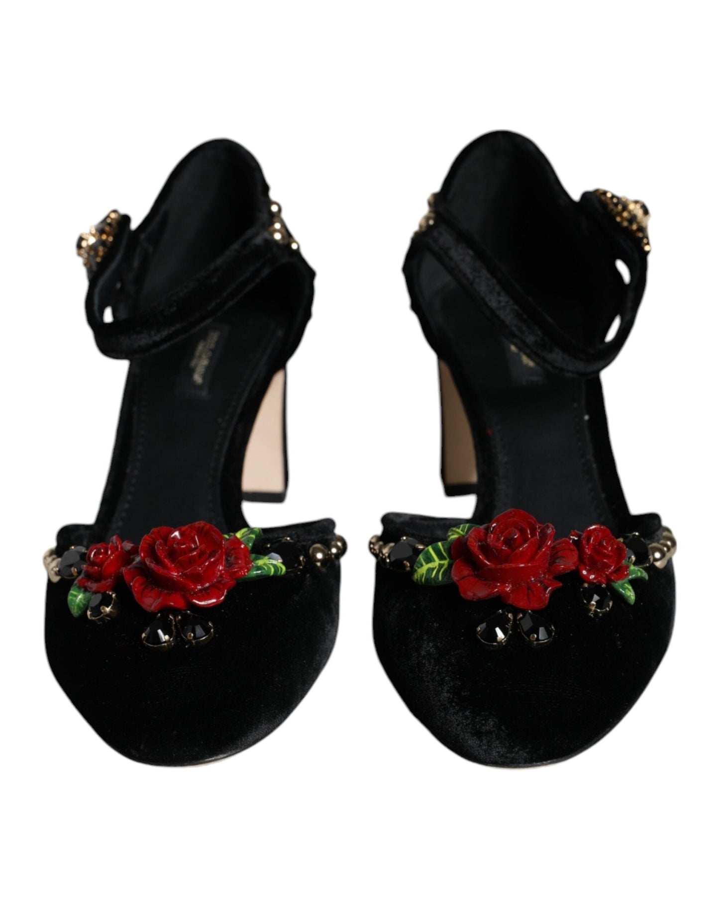 Dolce & Gabbana Black Velvet Roses Ankle Strap Pumps Women's Shoes
