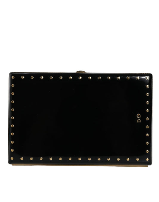 Dolce & Gabbana Black Leather Studs Gold Frame Clutch Evening Purse Women's Bag