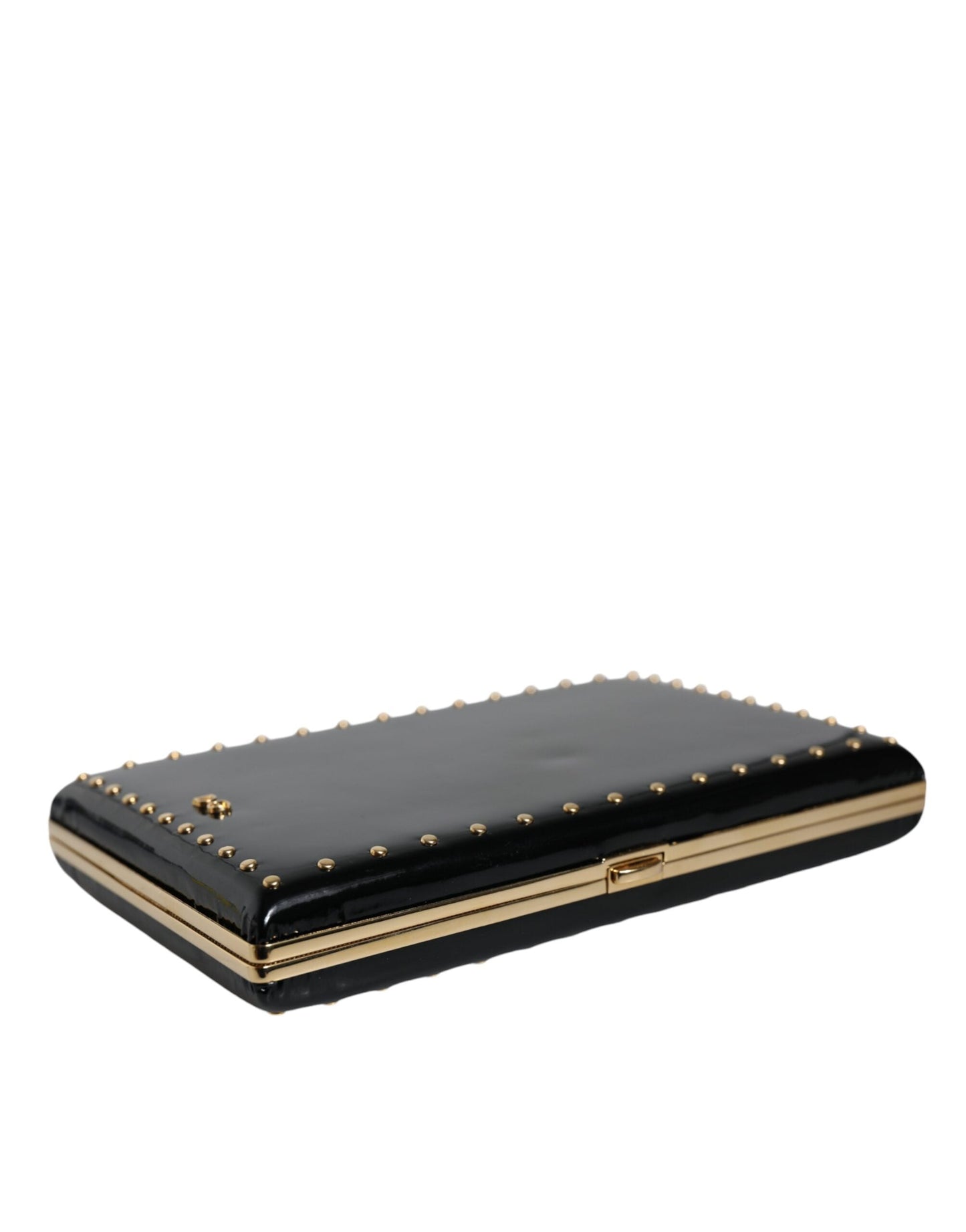 Dolce & Gabbana Black Leather Studs Gold Frame Clutch Evening Purse Women's Bag
