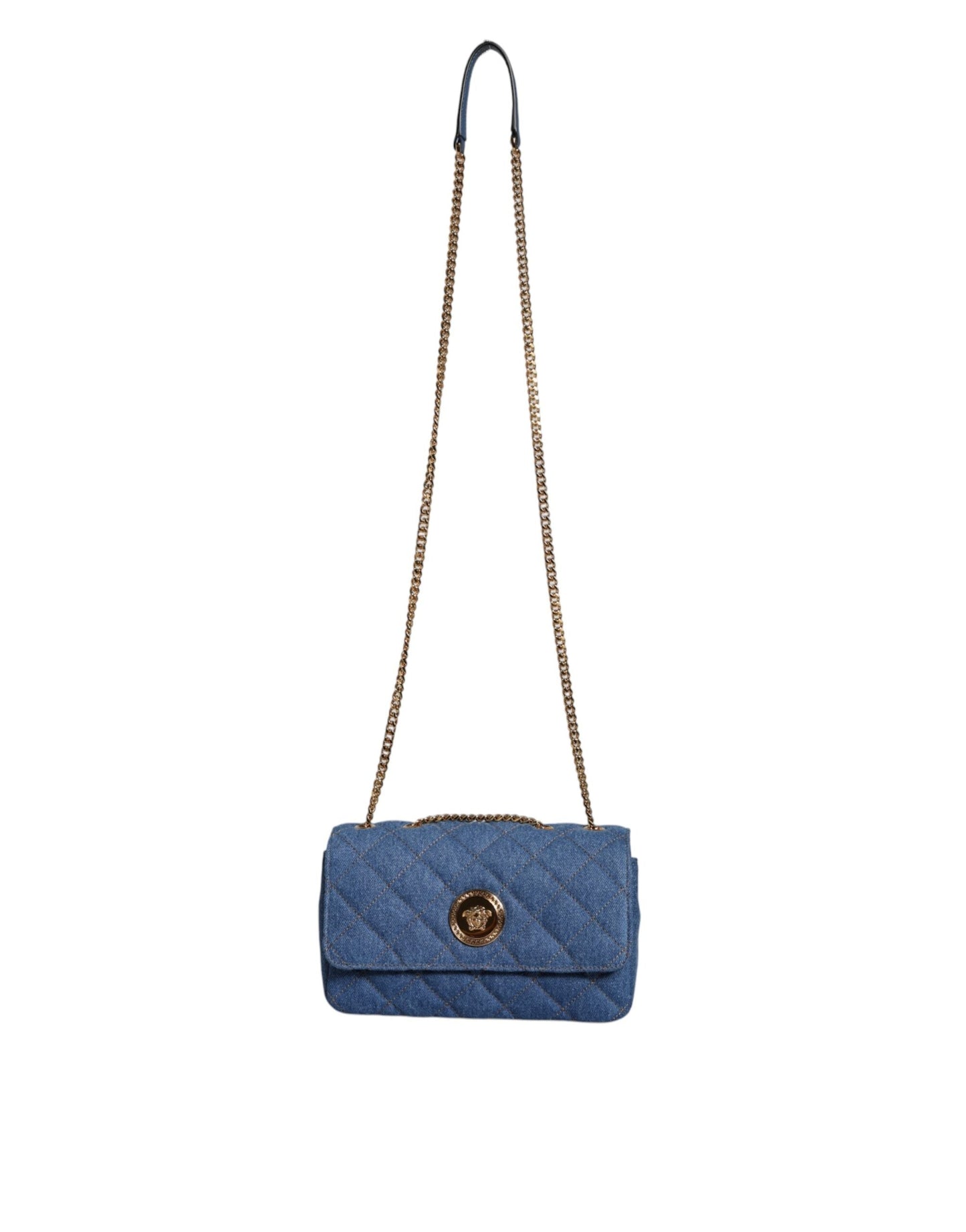 Versace Blue Quilted Denim Leather Crossbody Shoulder Women's Bag