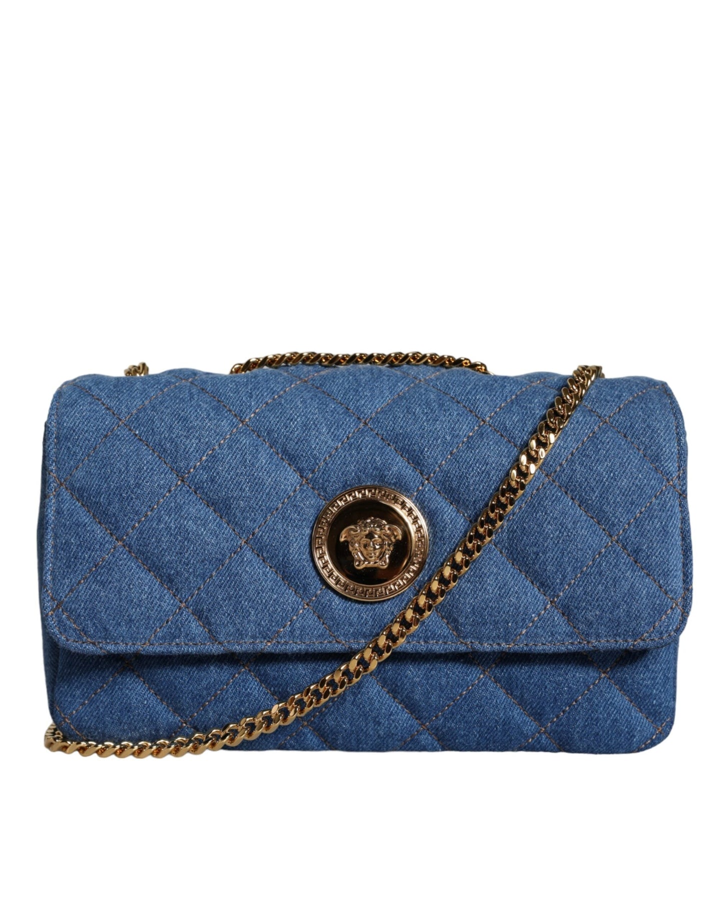 Versace Blue Quilted Denim Leather Crossbody Shoulder Women's Bag