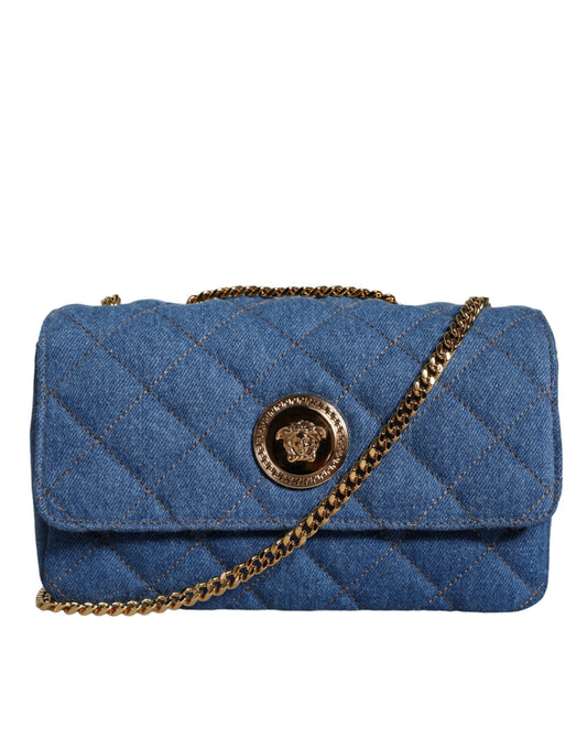 Versace Blue Quilted Denim Leather Crossbody Shoulder Women's Bag