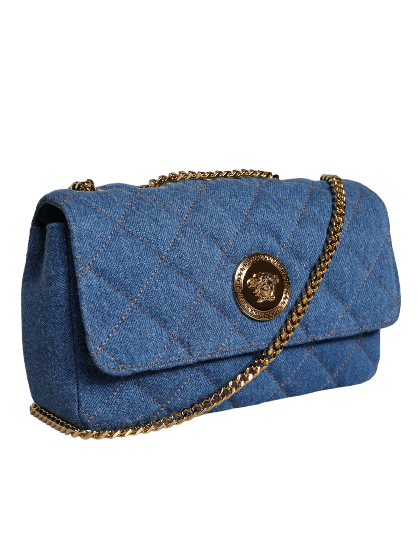 Versace Blue Quilted Denim Leather Crossbody Shoulder Women's Bag