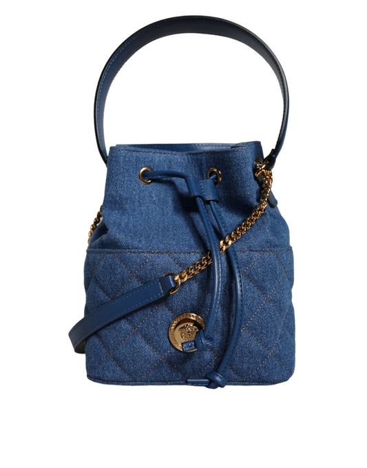 Versace Blue Quilted Denim Leather Crossbody Shoulder Women's Bag