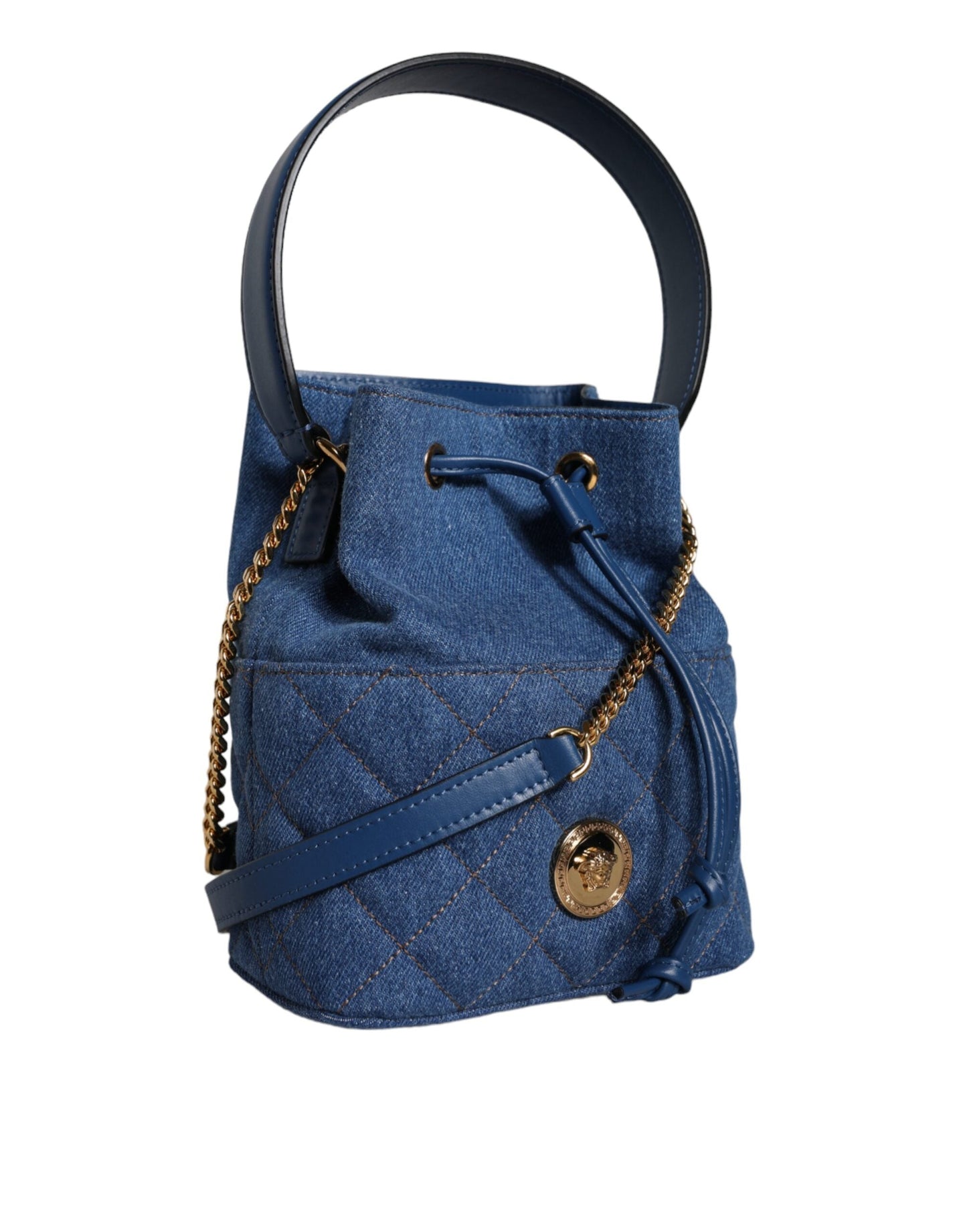 Versace Blue Quilted Denim Leather Crossbody Shoulder Women's Bag