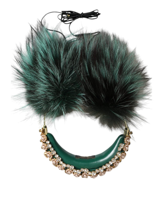 Dolce & Gabbana Green Gold Crystal Fur Headset Audio AUX Women's Headphones