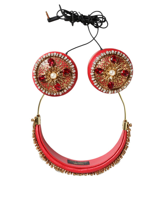 Dolce & Gabbana Red Nappa Leather Floral Crystal Women's Headphone