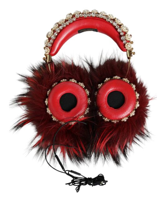 Dolce & Gabbana Red Gold Crystal Fur Headset Audio AUX Women's Headphones