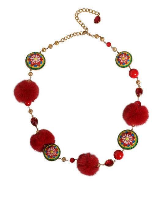 Dolce & Gabbana Gold Brass Red Fur Crystal Waist Torero Women's Belt