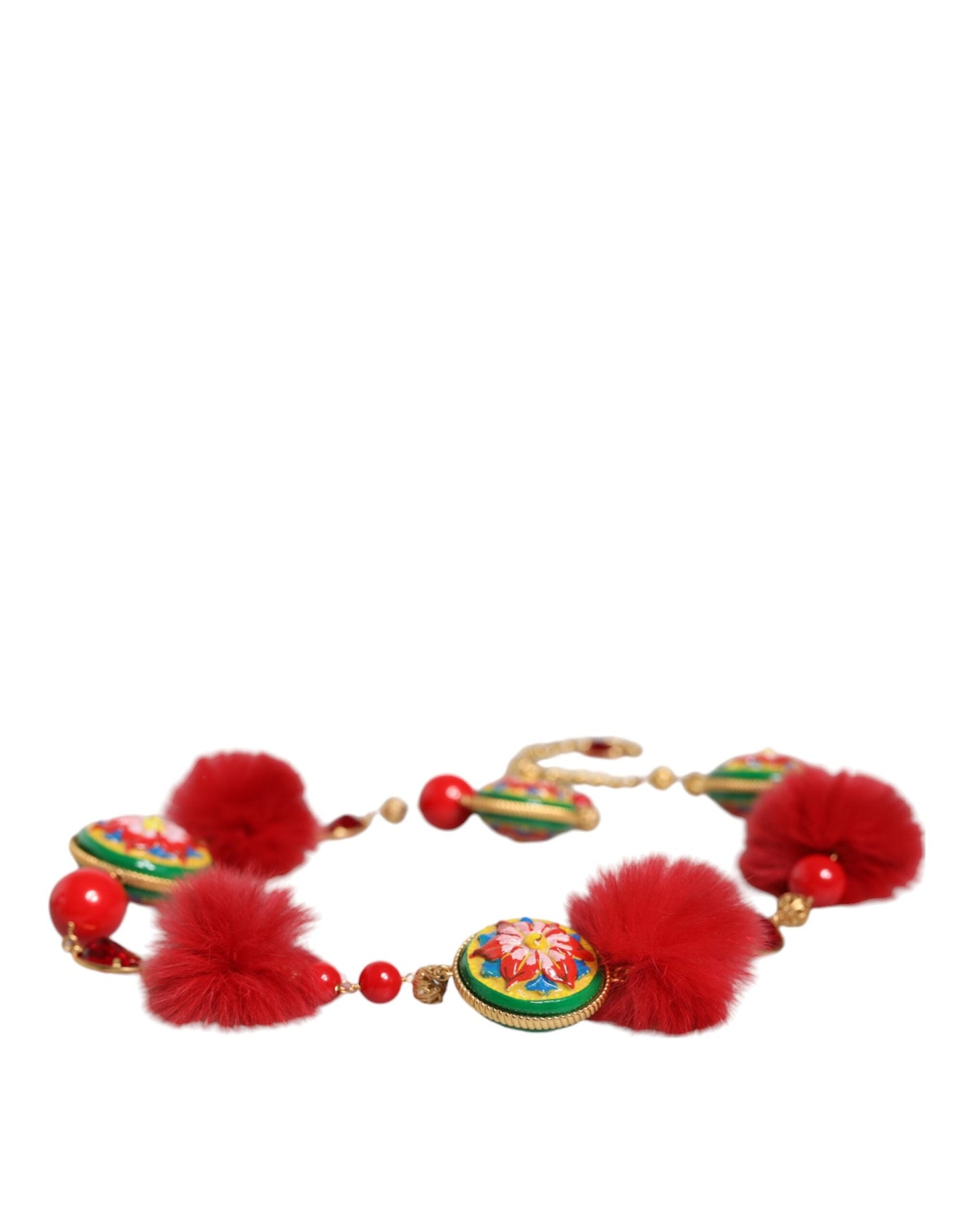 Dolce & Gabbana Gold Brass Red Fur Crystal Waist Torero Women's Belt