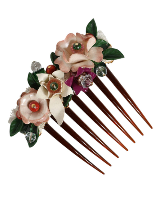 Dolce & Gabbana Brown Plastic Crystal Floral Women Hair Women's Comb