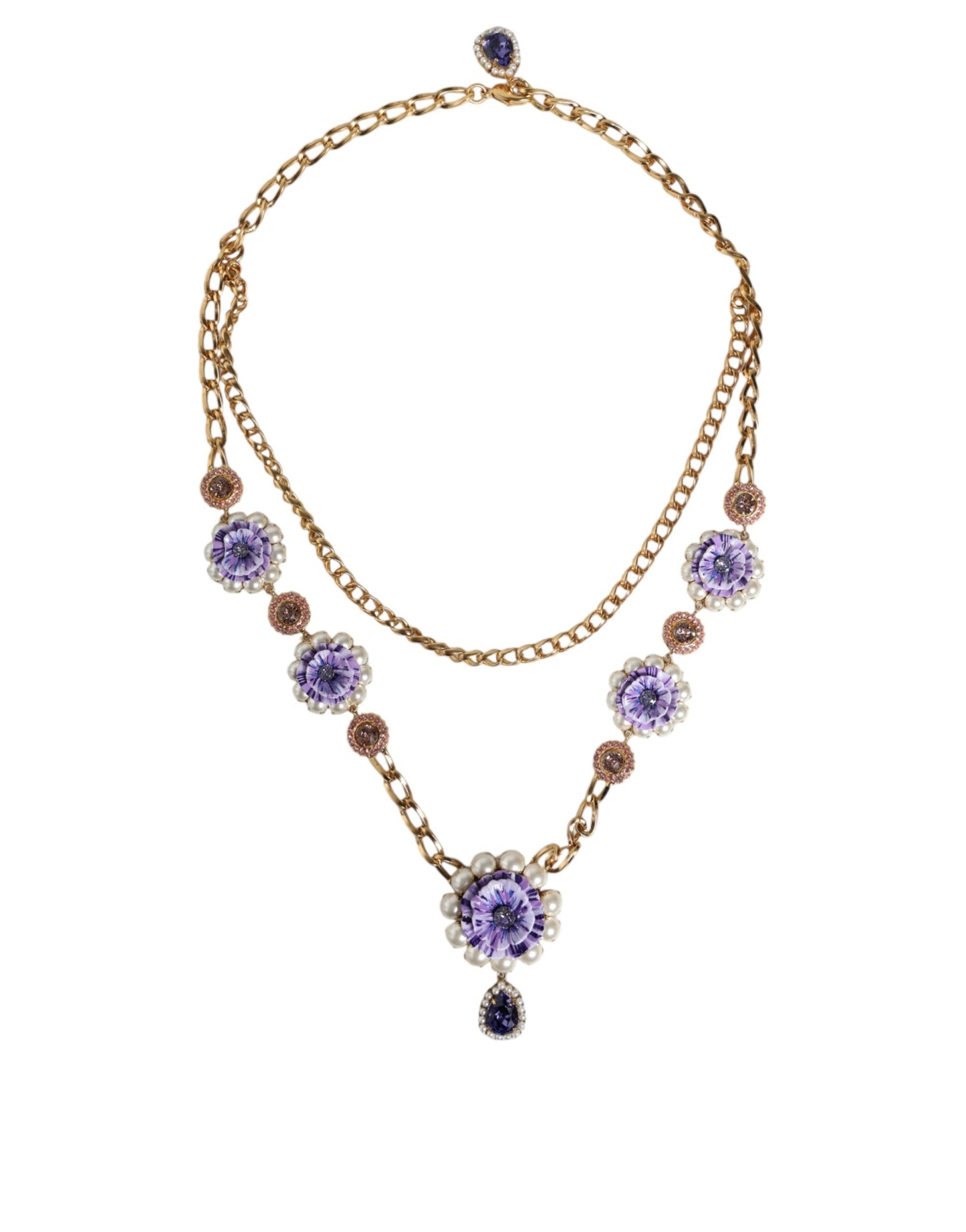 Dolce & Gabbana Gold Tone Floral Crystals Embellished Layered Women's Necklace (Pre-Owned)