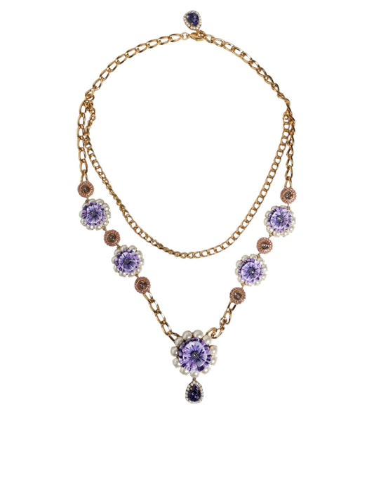 Dolce & Gabbana Gold Tone Floral Crystals Embellished Layered Women's Necklace (Pre-Owned)
