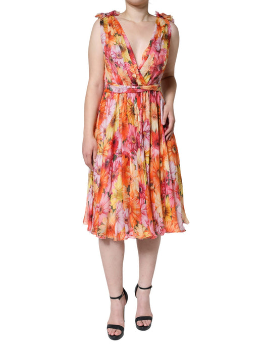 Dolce & Gabbana Multicolor Floral Sleeveless V-neck Midi Women's Dress