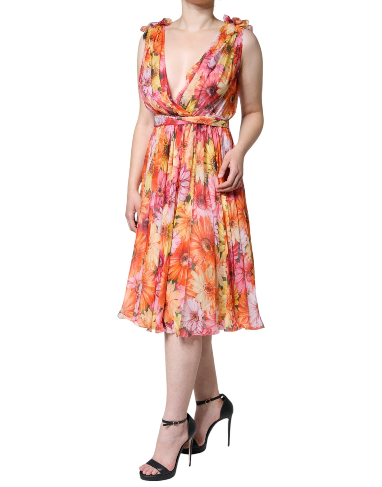 Dolce & Gabbana Multicolor Floral Sleeveless V-neck Midi Women's Dress
