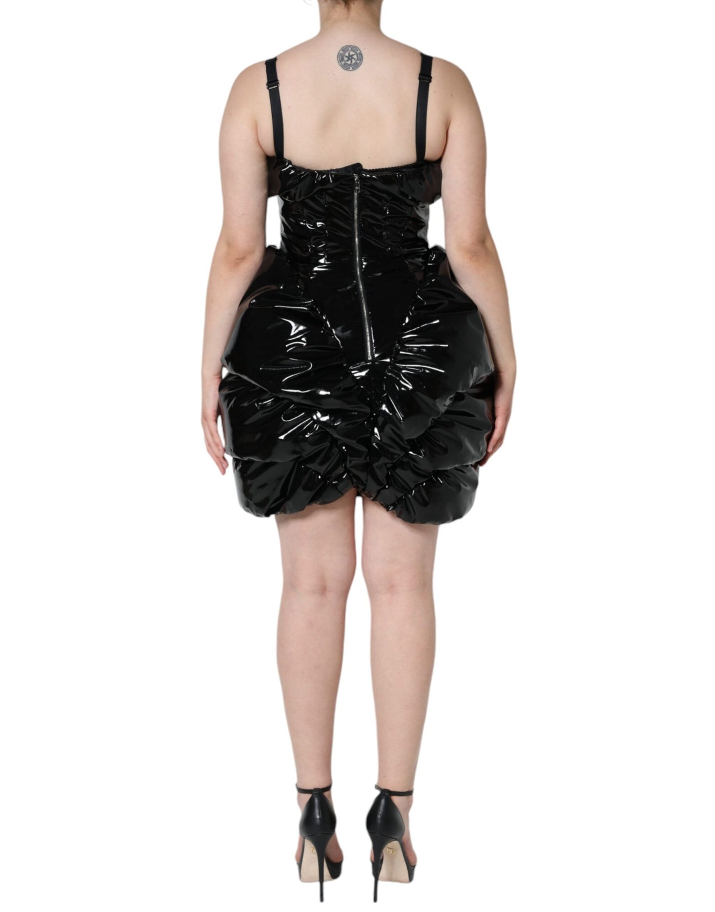 Dolce & Gabbana Black Polyester Ruched Coated Mini  Dress